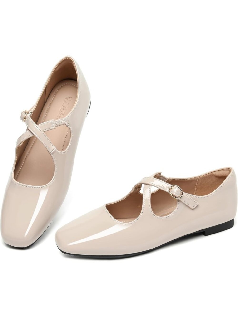🆕Women's Nude Square Toe Mary Jane Flats Patent Leather Buckle Dress Shoes
